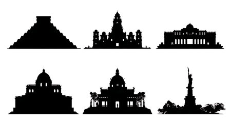 Ancient and Modern Mexican Landmark Silhouettes Set isolated on plain white background.のイラスト素材