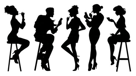 Black Solid Makeup Artist Quick Touch-Up Silhouettes Set of Six on White Background isolated on plain white background.のイラスト素材