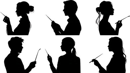 Black Solid Makeup Artist Tweezers Silhouettes Set of Six on White Background isolated on plain white background.のイラスト素材