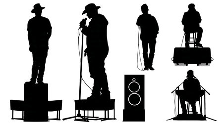 Speaker at an Outdoor Festival or Event on Stage Silhouettes isolated on plain white background.のイラスト素材