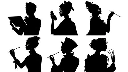 Black Solid Makeup Artist Halloween Makeup Silhouettes Set of Six on White Background isolated on plain white background.のイラスト素材