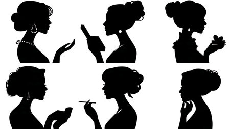 Black Solid Makeup Artist Kit Silhouettes Set of Six on White Background isolated on plain white background.のイラスト素材