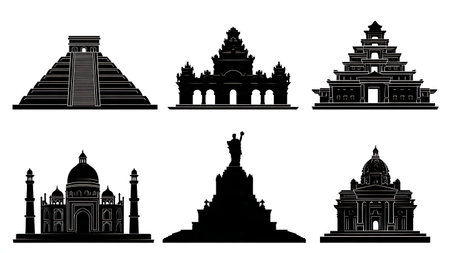 Ancient and Modern Mexican Landmark Silhouettes Set isolated on plain white background.のイラスト素材