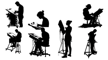 Artist in a Clean, Minimalist Tattoo Studio Silhouettes isolated on plain white background.のイラスト素材