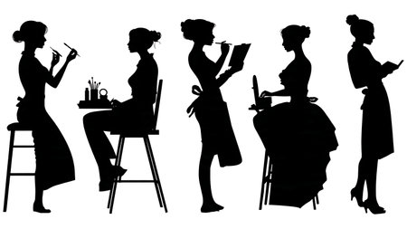 Black Solid Makeup Artist Fashion Show Silhouettes Set of Six on White Background isolated on plain white background.のイラスト素材
