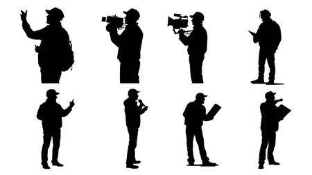 News Reporter Broadcasting from a Rescue Scene Silhouettes isolated on plain white background.のイラスト素材