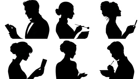 Black Solid Makeup Artist SFX Silhouettes Set of Six on White Background isolated on plain white background.のイラスト素材