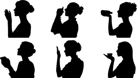 Black Solid Makeup Artist Sunscreen Application Silhouettes Set of Six on White Background isolated on plain white background.のイラスト素材