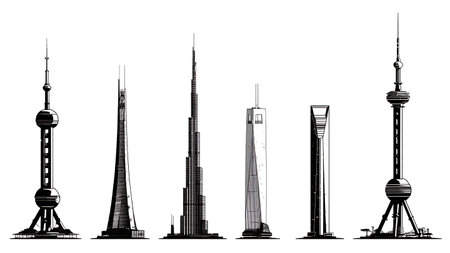 Famous Observation Deck Landmark Silhouettes Collection isolated on plain white background.のイラスト素材