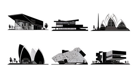 Famous Modern Museum Landmark Silhouettes Collection isolated on plain white background.のイラスト素材