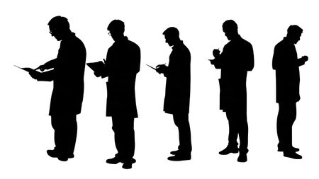 Black Solid Pharmacist Checking Silhouettes Set of Six on White Background isolated on plain white background.のイラスト素材