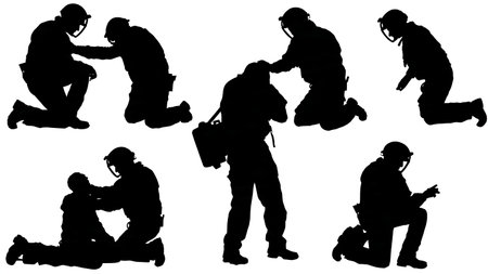 Paramedic Calming a Panicked Victim Silhouettes isolated on plain white background.のイラスト素材