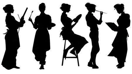 Black Solid Makeup Artist Setting Powder Silhouettes Set of Six on White Background isolated on plain white background.のイラスト素材