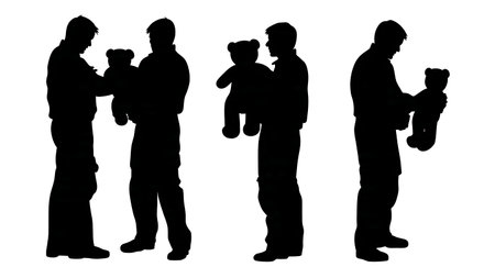 Paramedic Comforting a Child with a Teddy Bear Silhouettes isolated on plain white background.のイラスト素材