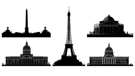 Cultural Paris Landmark Silhouettes Collection isolated on plain white background.のイラスト素材