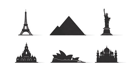 Minimalist Landmark Icon Silhouettes for Web and App isolated on plain white background.のイラスト素材