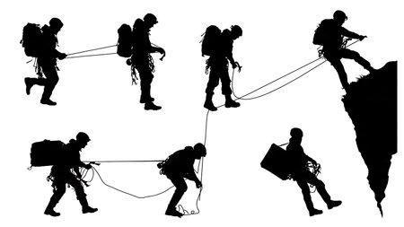 Mountain Rescue Team Climbing and Rappelling Silhouettes Set isolated on plain white background.のイラスト素材