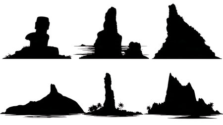 Famous Pacific Island Landmark Silhouettes Set isolated on plain white background.のイラスト素材