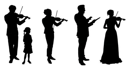 Parent Watching Child's Violin Recital Silhouettes Set isolated on plain white background.のイラスト素材