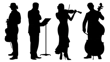 Music Critic Watching a Violinist's Performance Silhouettes isolated on plain white background.のイラスト素材