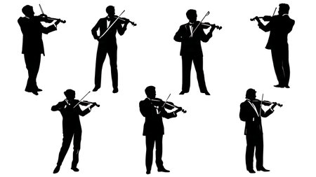 Black Solid Male Violinist Standing Performance Silhouettes Set isolated on plain white background.のイラスト素材