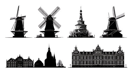 Netherlands and Belgium Landmark Silhouettes Collection isolated on plain white background.のイラスト素材