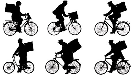 Traditional Newspaper Delivery Person on a Bike Silhouettes isolated on plain white background.のイラスト素材
