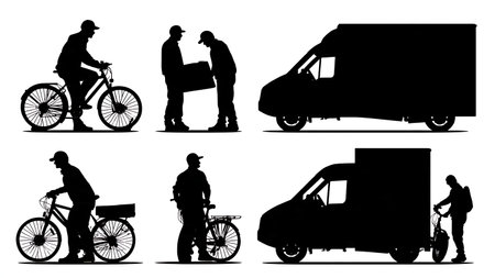 Multi-Modal Delivery with Van and Bicycle Silhouettes Set isolated on plain white background.のイラスト素材