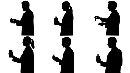 Black Solid Pharmacist Pill Bottle Silhouettes Set of Six on White Background isolated on plain white background.のイラスト素材