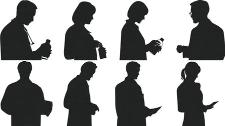 Black Solid Pharmacist Liquid Medication Dispenser Silhouettes Set of Six on White Background isolated on plain white background.のイラスト素材