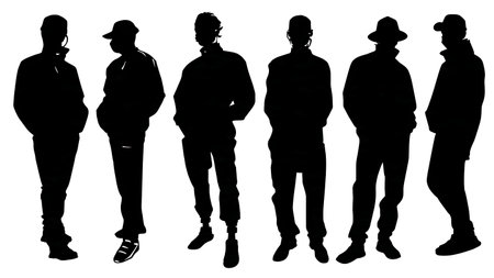 Black Solid Pharmacist Protective Mask Silhouettes Set of Six on White Background isolated on plain white background.のイラスト素材