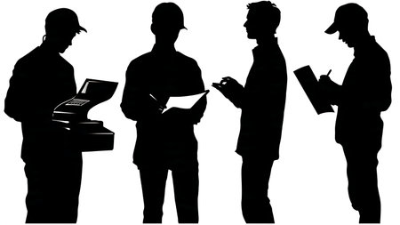 Black Solid Pharmacist Label Printer Silhouettes Set of Six on White Background isolated on plain white background.のイラスト素材