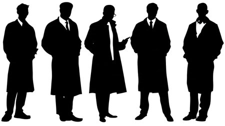 Black Solid Pharmacist Lab Coat Silhouettes Set of Six on White Background isolated on plain white background.のイラスト素材