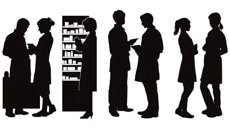 Black Solid Pharmacist Retail Silhouettes Set of Six on White Background isolated on plain white background.のイラスト素材