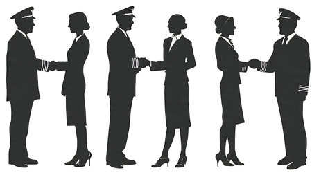 Pilot and Flight Attendant Teamwork Handshake Silhouettes isolated on plain white background.のイラスト素材