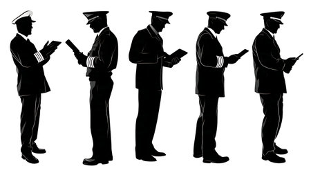 Black Solid Pilot Using a Tablet for Navigation Silhouettes isolated on plain white background.のイラスト素材