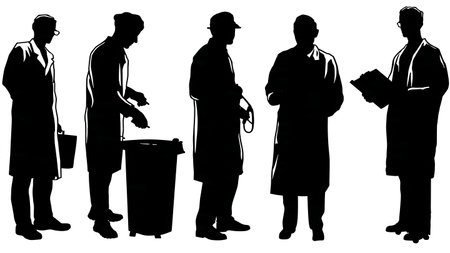 Black Solid Pharmacist Medical Waste Bin Silhouettes Set of Six on White Background isolated on plain white background.のイラスト素材