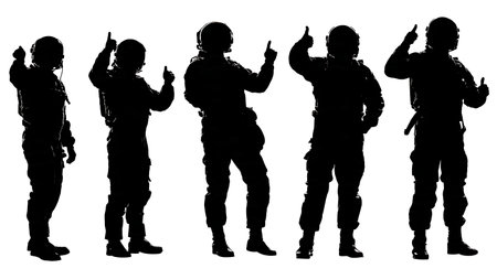 Black Solid Airline Pilot Gesturing and Signaling Silhouettes isolated on plain white background.のイラスト素材
