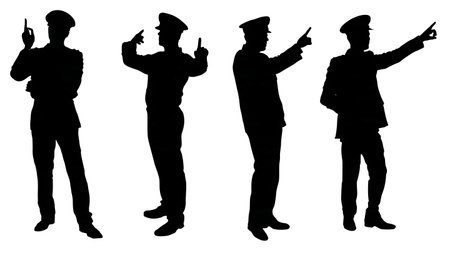 Black Solid Airline Pilot Gesturing and Signaling Silhouettes isolated on plain white background.のイラスト素材
