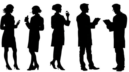 Black Solid Pharmacist Veterinary Pharmacy Silhouettes Set of Six on White Background isolated on plain white background.のイラスト素材