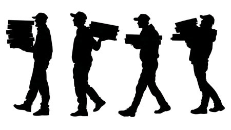 Pizza Delivery Man Carrying Pizza Boxes Silhouettes Set isolated on plain white background.のイラスト素材