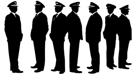 Professional Airline Pilot Team Lineup Silhouettes Set isolated on plain white background.のイラスト素材
