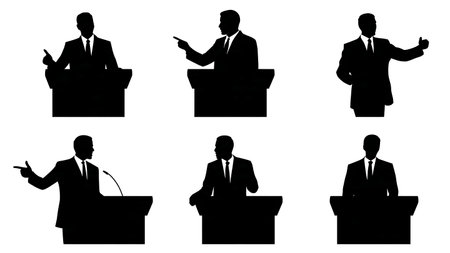 Black Solid Public Speaker at Podium with Hand Gestures Silhouettes isolated on plain white background.のイラスト素材