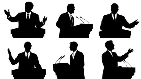 Politician Giving a Persuasive Speech at a Rally Silhouettes isolated on plain white background.のイラスト素材
