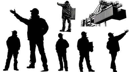 Longshoreman Directing Shipping Container Crane Silhouettes isolated on plain white background.のイラスト素材