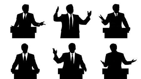 Politician Giving a Persuasive Speech at a Rally Silhouettes isolated on plain white background.のイラスト素材