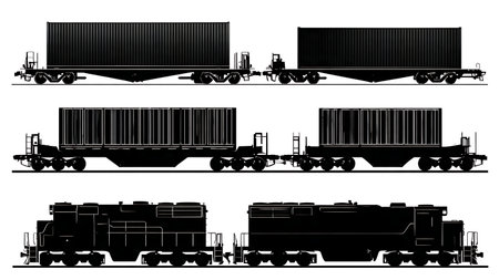 Train with Shipping Containers for Rail Freight Silhouettes isolated on plain white background.のイラスト素材