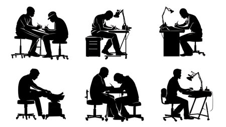 Artist in an Exclusive Private Tattoo Studio Silhouettes Set isolated on plain white background.のイラスト素材