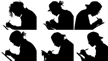 Artist Creating a Realistic Portrait Tattoo Silhouettes Set isolated on plain white background.のイラスト素材