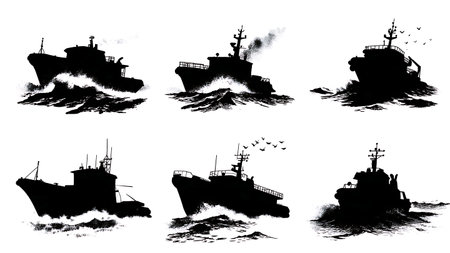 Rescue Boat in Rough Seas During a Storm Silhouettes isolated on plain white background.のイラスト素材